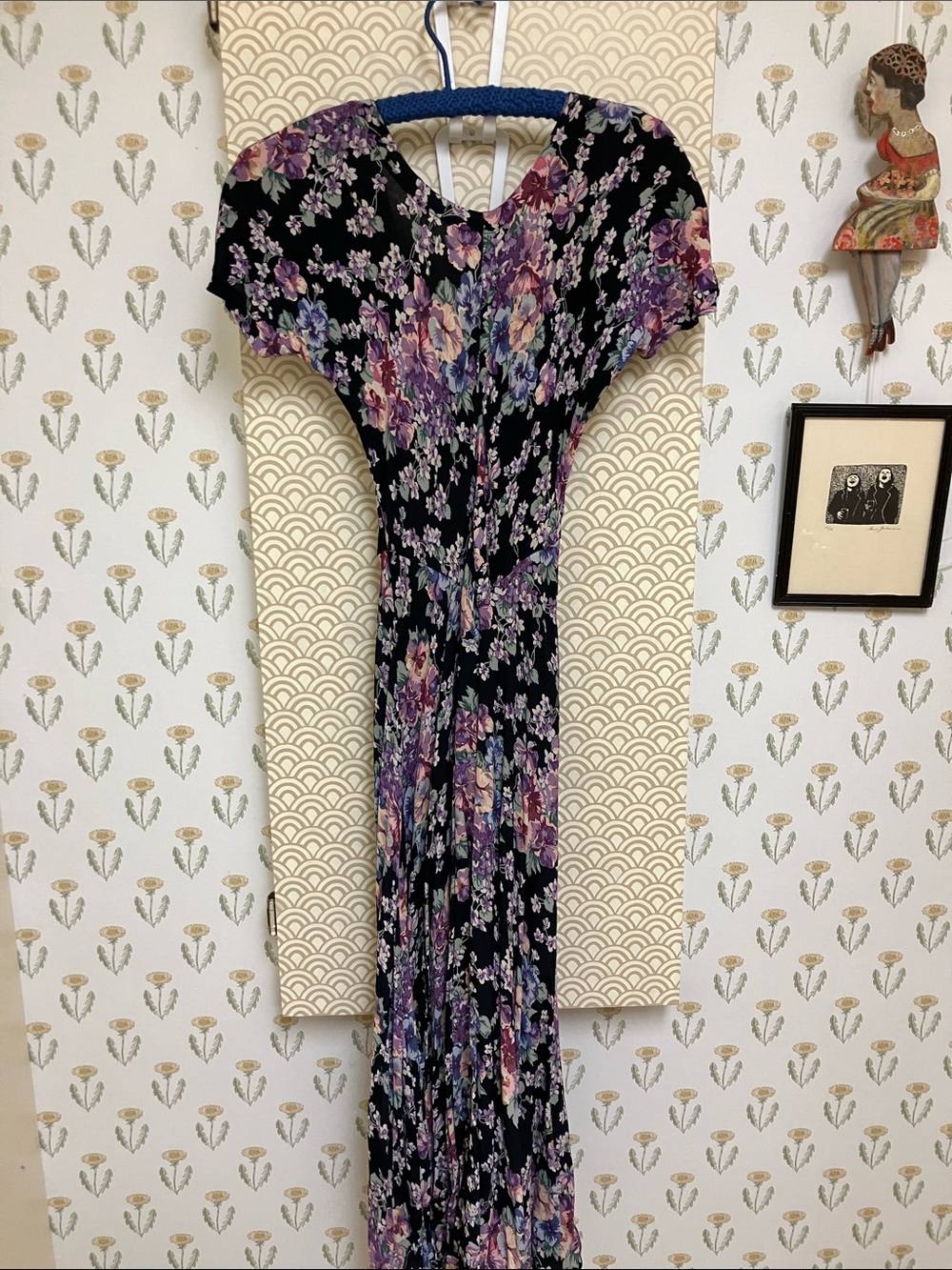 Vintage Black Maxi Dress with Purple Floral Print - Picture 3 of 4